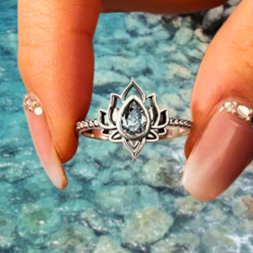 Lotus Flower Silver Stone Ring, Sterling Silver, Minimalist Boho Jewelry